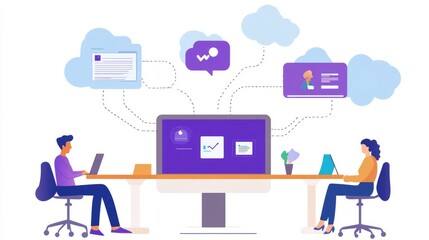 Collaboration and communication in a digital workspace office illustration modern environment side view remote work concept