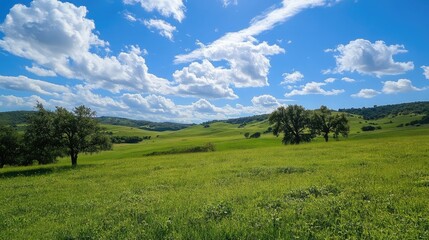 Fototapeta premium Scenic Green Meadow with Rolling Hills Under a Bright Blue Sky