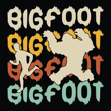 Colorful retro-style graphic of a running man and Bigfoot silhouette over repeated "BIGFOOT" text in flame-styled fonts, evoking mystery, cryptids, and vintage pop culture.