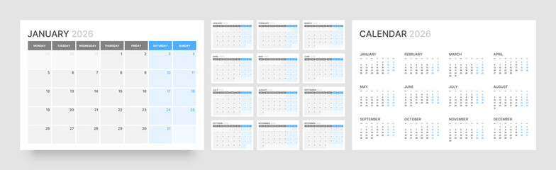Monthly calendar layout for 2026 year. Diary planner for 2026 year. Week Starts on Monday. 