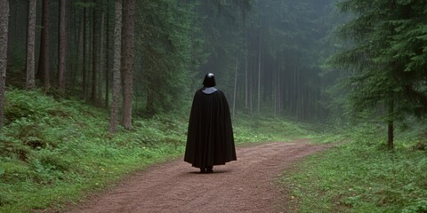 Figure walks down forest path into mystery and adventure scene