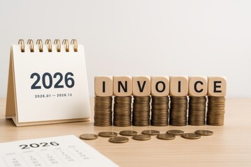 Invoice 2026, wooden blocks spelling invoice on stacks of coins, desk calendar showing 2026