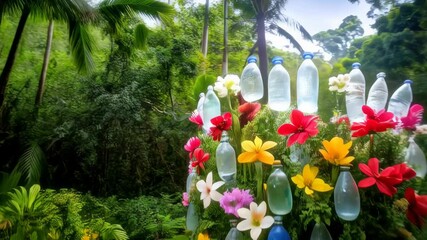 Lush tropical garden showcasing colorful blooming flowers and repurposed plastic bottles in an art installation, environmental awareness concept