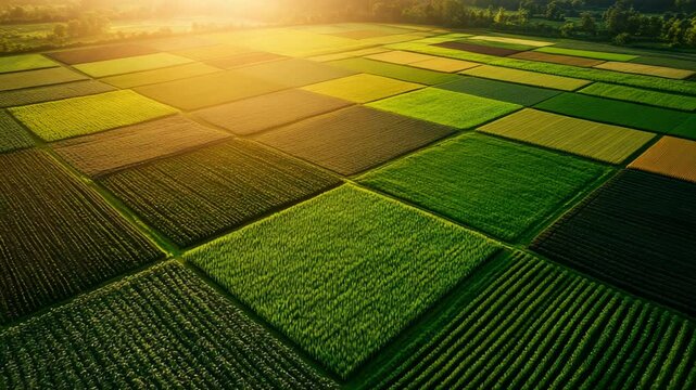 Aerial View of Lush Green Fields and Vibrant Crop Patterns Under Golden Sunset Light