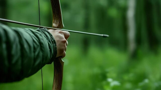 Archer preparing to shoot an arrow in a lush green forest with soft natural lighting