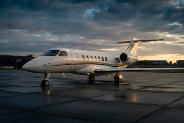 High-resolution photograph of a private jet parked on a pristine airport runway