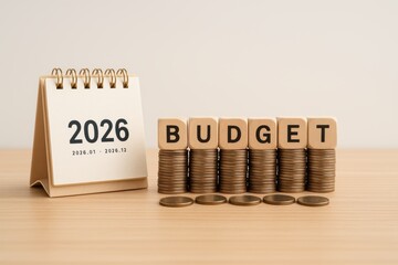 Financial Planning in 2026, Budget Concept with Coins and Calendar. The wooden blocks spell "BUDGET," signifying financial planning with a calendar indicating the year 2026, and stacks of coins