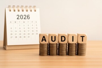 An audit scheduled for 2026 is represented by wooden blocks on stacks of coins next to a calendar.