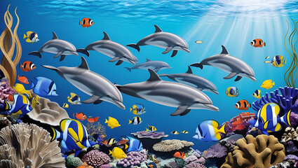 Fototapeta premium Background of dolphins swimming gracefully in a vibrant coral reef surrounded by colorful tropical marine fish.