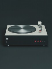 Fototapeta premium Modern Minimalist Turntable with Brushed Metal Platter and Red Control Buttons on Black Base