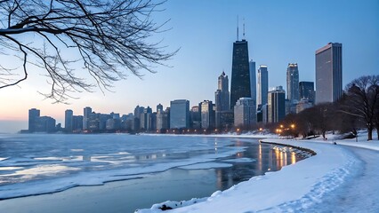 Naklejka premium Winter sunrise over chicago skyline reflecting in icy lake michigan with bare tree branches
