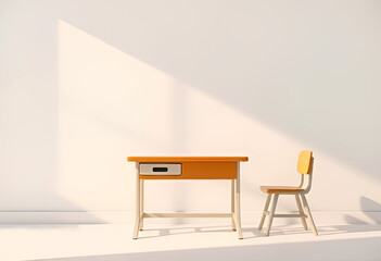 Minimalist illustration of a vintage school desk and chair in warm sunlight against a clean white wall. Simple educational workspace with soft shadows and a retro color palette