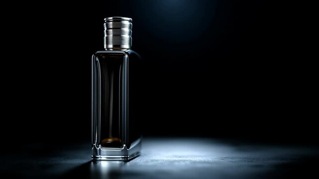 A clear bottle of cologne perfume in the middle of a minimalistic dark canvas for a video shoot for a product advertisement or commercial, professional production