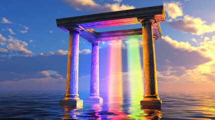 Fototapeta premium Ancient stone columns stand over water, illuminated by vibrant rainbow light beams beneath a dramatic sky at sunset, colorful pride month