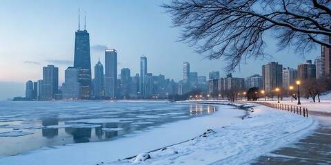 Obraz premium Winter view of chicago city skyline over frozen lake michigan at dusk with snowy landscape