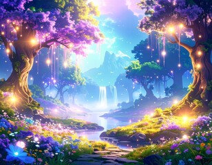Obraz premium ピンクの花が咲く幻想的な夜の風景