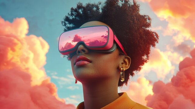 A woman wearing futuristic VR goggles stands against a vibrant, surreal sky filled with colorful clouds, colorful pride month