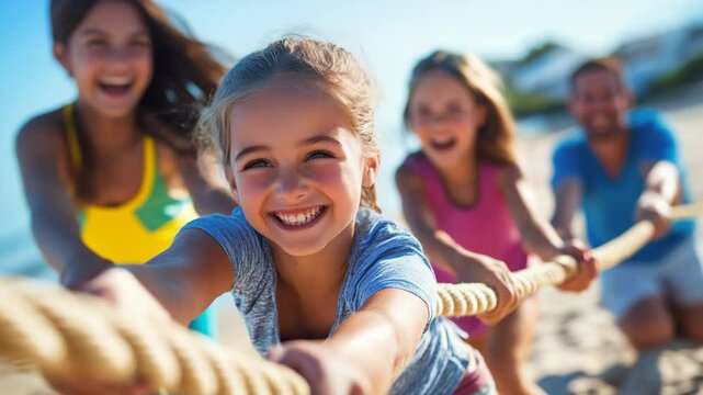 Joyful Children Playing Tug of War on Beach During Sunny Day with Laughter and Friendship