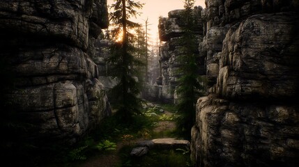 Obraz premium Sunlit gorge between monumental rock formations