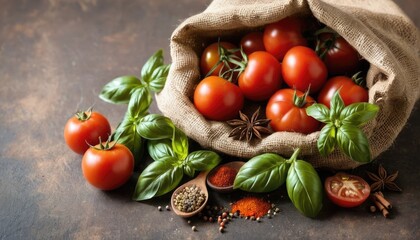 Fresh Tomatoes and Basil in a Burlap Sack with Spices