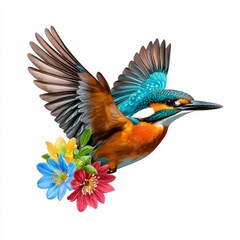 Fototapeta premium Vibrant kingfisher in flight, wings spread, surrounded by colorful flowers. White background, sharp focus
