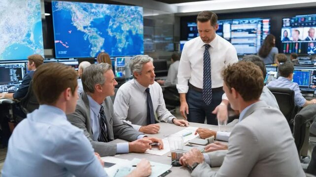 Strategic Meeting in Control Room: A focused team of professionals gather around a table, collaborating in a high-tech control room.