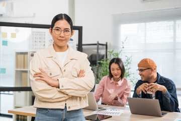 Asian business start up freelance people team analyzing statistics financial. Group Team of businesspeople man and woman Meeting Conference Discussion various topic Corporate Concept in office.