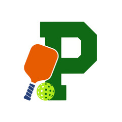 Fototapeta premium Pickleball paddle and ball with varsity P, Orange pickleball paddle and neon green perforated ball placed in front of a bold varsity-style green letter P on light background.