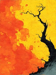 the painting depicts a dark silhouette of a tree against a textured background. the background is a gradient of bright yellow to fiery orange with a spattered, watercolor effect