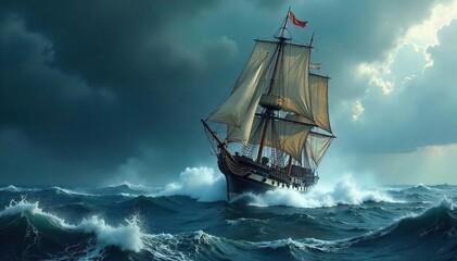 Fototapeta premium A majestic sailing ship battles a ferocious storm, waves crashing over the deck, embodying the raw power and vulnerability of intense emotion , maritime, nature