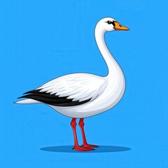 Obraz premium Pixel art illustration of a white swan with black tail feathers and red legs standing against a vibrant blue background