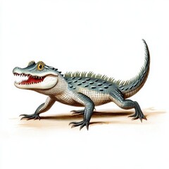 Fototapeta premium Detailed illustration of a young alligator, bluish grey in color, with yellow eyes, walking on a light beige background. 