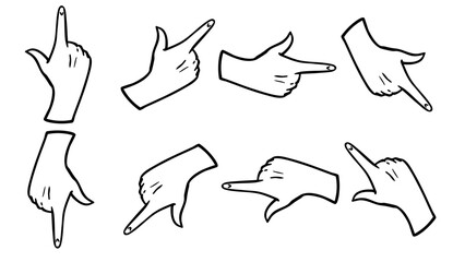 さまざまな方向を指すシンプルな指差しジェスチャーイラストセット　ベクター黒
