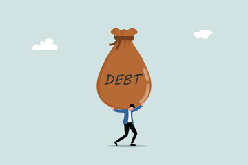 Debt burden, financial obligation or loan payment, heavy load of money failure, mortgage or borrowing money problem concept, tried businessman carrying big debt money bag losing money banknotes.