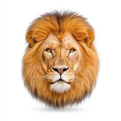 Fototapeta premium Close up portrait of a majestic male lion's head against a white background. The lion has a thick, golden mane and intense amber eyes