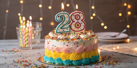 28th Birthday Cake with Colorful Candles and Sprinkles, birthday cake, 28th birthday