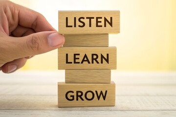 Listen, Learn, Grow – Motivational Concept with Wooden Blocks, Personal Development