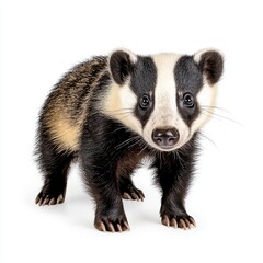 Fototapeta premium Adorable baby badger standing on white background. Close up view shows its black and white fur, small claws, and curious expression