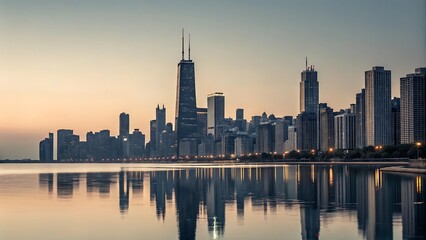 Obraz premium Chicago skyline at sunrise reflecting beautifully in the calm waters of lake michigan