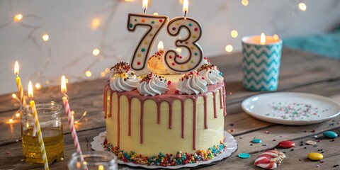73rd Birthday Cake with Candles and Lights, Festive,Celebration Birthday cake, 73rd birthday
