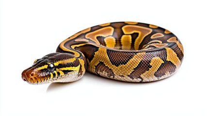 Obraz premium Captivating close up of a ball python featuring intricate patterns of black, gold, and brown scales. The snake's head is speckled with white and