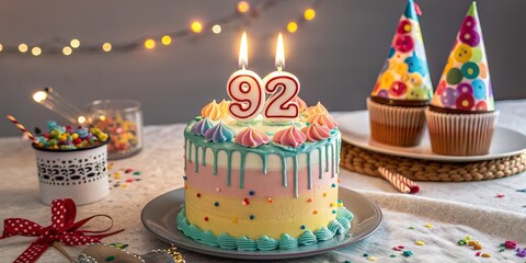 92nd Birthday Cake with Candles and Cupcakes, Festive Celebration, Birthday Party