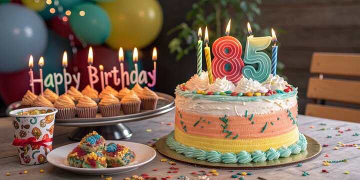 85th Birthday Cake with Cupcakes and Confetti, birthday cake, celebration