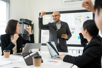 Asian business people team analyzing statistics financial. Group Team of ceo business man and woman Meeting Conference Discussion various topic. Executive professional managers Corporate in office.