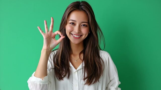Smiling woman showing OK sign gesture, AI generated

