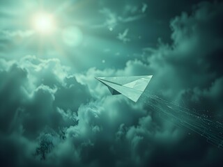 Paper Airplane Soaring Through Clouds: A hopeful paper airplane cuts through dark clouds toward a radiant sun. The scene evokes dreams, aspirations, and the pursuit of goals.