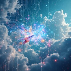 Digital Paper Plane Soaring Through Cyber Sky: A vibrant paper airplane, crafted from geometric lines and glowing with embedded digital pathways.