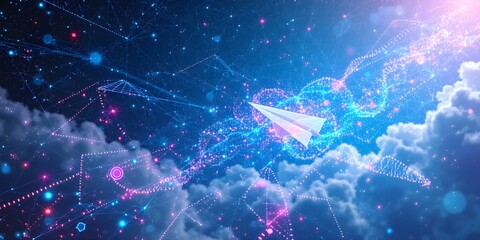 Digital Paper Airplane Soaring Through Cyberspace: A vibrant, abstract image of a paper airplane soaring through a digital sky, composed of interconnected nodes and glowing lines.