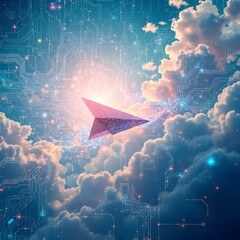 Digital Ascent: A surreal, conceptual composition of a stylized paper airplane ascending towards a radiant sky, interwoven with digital circuitry and fluffy clouds.