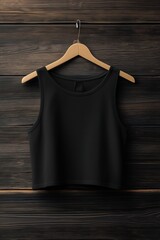 A black crop top mockup hanging on a wooden hanger against a rustic wooden background. The top is simple and stylish, suitable for casual wear or layering.